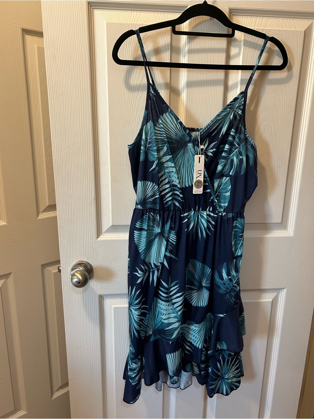 Ultranice L Blue Tropical-Print Spaghetti-Strap Midi Dress Sun Dress Ruffle Hem